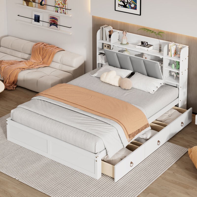 foto del prodotto modfu letti con cassetti 140x200cm, letti matrimoniale, letti per adulti con 3 cassetti, maniglie in metallo, testiera con funzione contenitore,