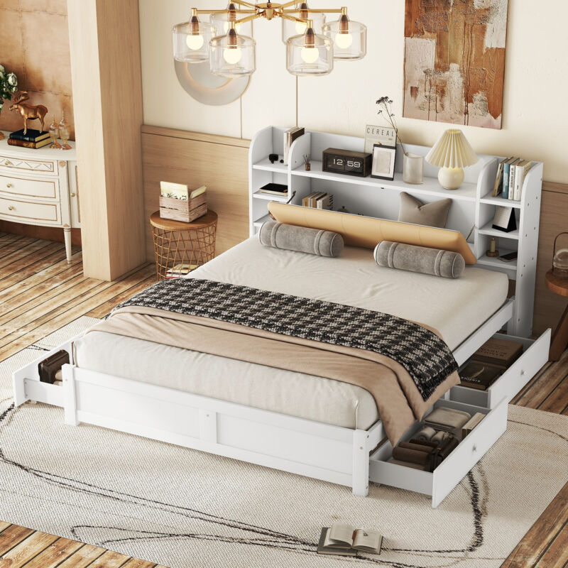 foto del prodotto modfu letti con cassetti 180x200cm letti matrimoniale per adulti, 4 cassetti, testiera con vano contenitore, legno, bianco