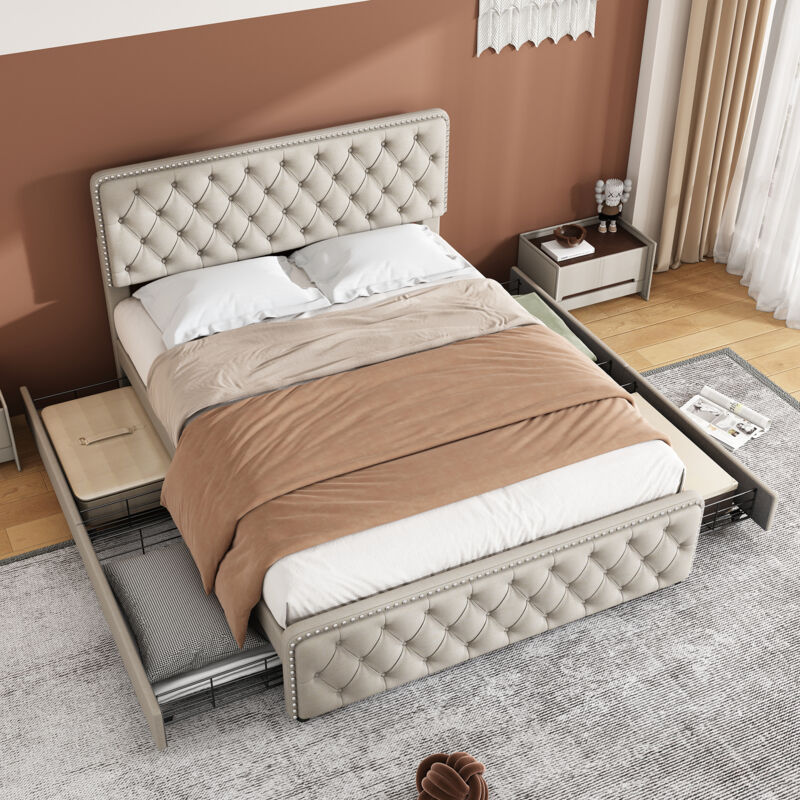 foto del prodotto modfu letti con cassetti 180x200cm letti matrimoniale per adulti con 4 cassetti, testiera regolabile in altezza, design rivetto, lino, senza
