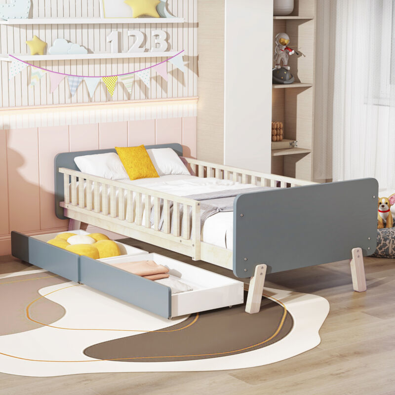 foto del prodotto modfu letti con cassetti 90x190 cm letti singoli per bambini con 2 cassetti, rete a doghe, legno, senza materasso, grigio