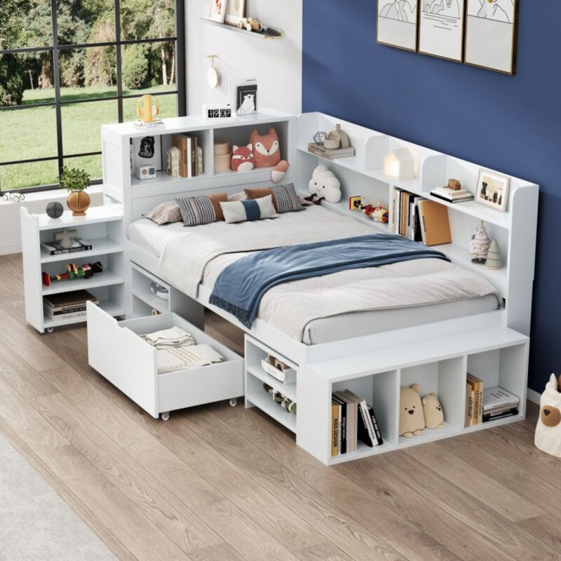foto del prodotto modfu letti con cassetti 90x200 cm con 1 cassetto, letti singoli per bambini, numerosi vani portaoggetti, rete a doghe, compensato, senza