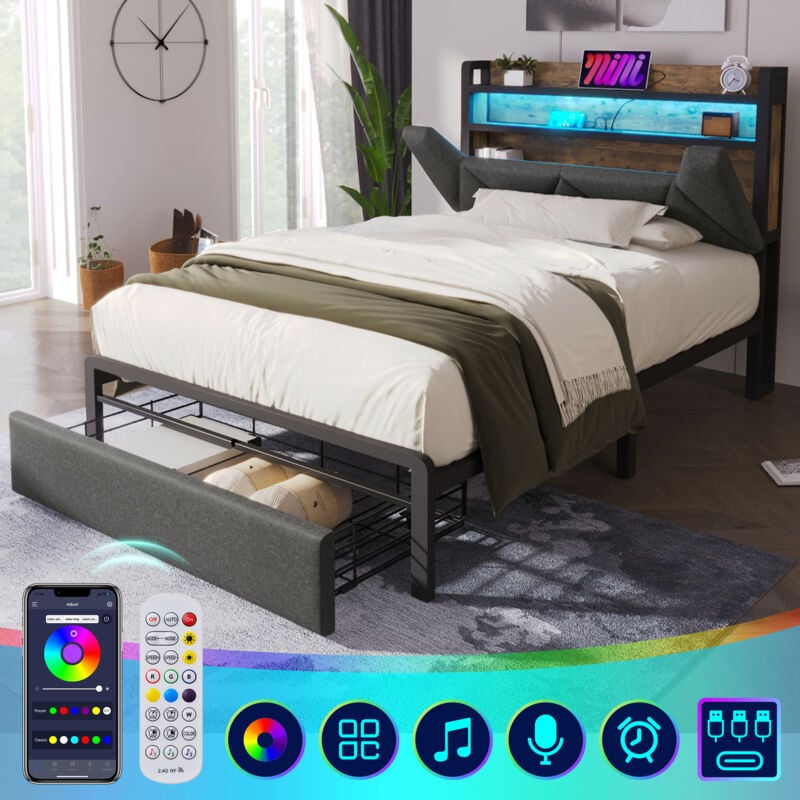 foto del prodotto modfu letti con cassetti 90x200cm con 1 cassetto, letti singoli per adulti bambini, testiera con contenitore, led, metallo lino, senza materasso,