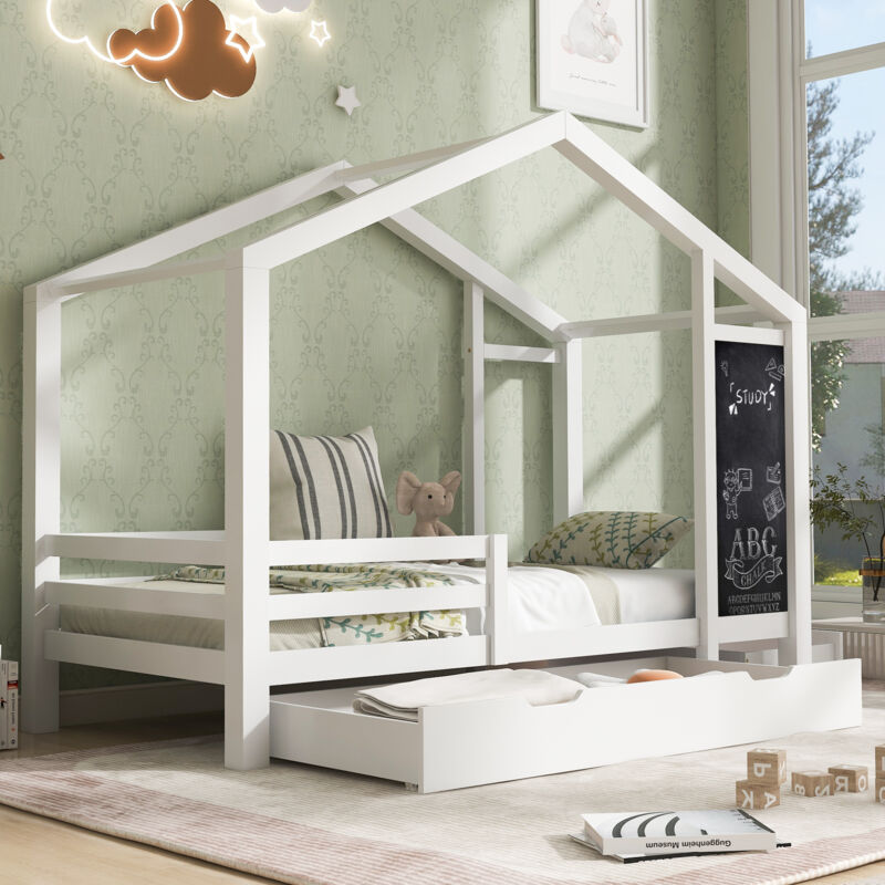foto del prodotto modfu letti con cassetti 90x200cm con 2 cassetti, letti singoli per bambini, con lavagna, legno, senza materasso, bianco