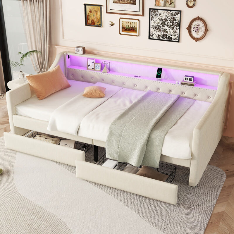 foto del prodotto modfu letti con cassetti 90x200cm divano letti singoli adulti bambini, 2 cassetti, usb, led, rete a doghe, lenzuola, senza materasso, beige