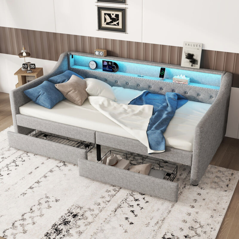 foto del prodotto modfu letti con cassetti 90x200cm divano letti singoli adulti bambini, 2 cassetti, usb, led, rete a doghe, lenzuola, senza materasso, grigio