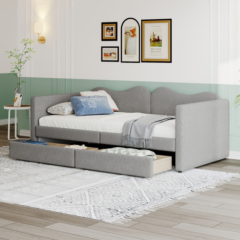 foto del prodotto modfu letti con cassetti 90x200cm letti per bambini adulti con 2 cassetti, letti singolo, divano letti, velluto teddy, senza materasso, grigio