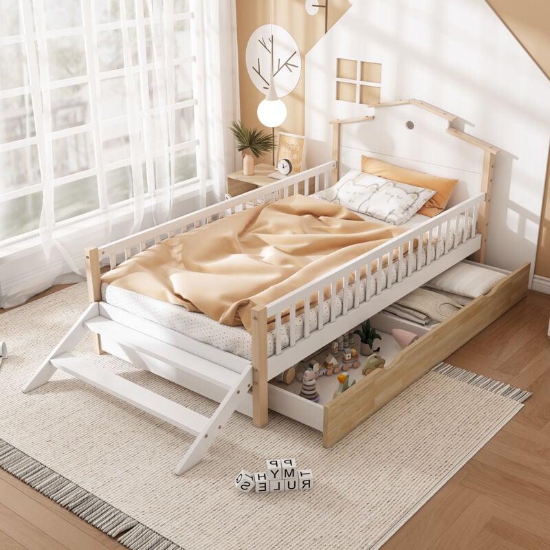 foto del prodotto modfu letti con cassetti 90x200cm letti per bambini, letti singolo con scale e recinzione, legno e mdf, senza materasso, colore bianco e legno