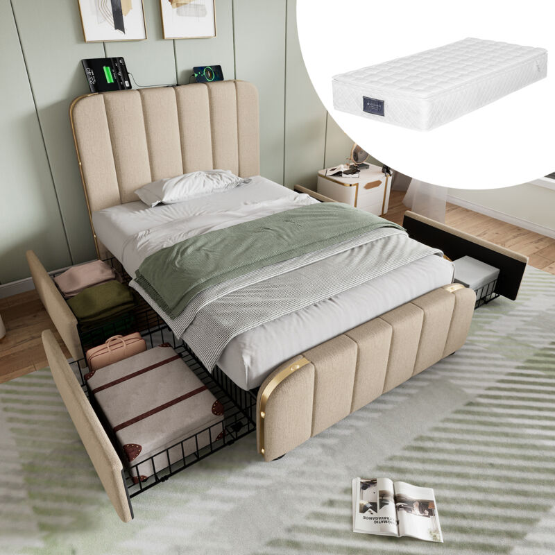 foto del prodotto modfu letti con cassetti 90x200cm letti singoli per adulti bambini, 4 cassetti, decorazione a strisce dorate, usb, type c, lino, beige materasso
