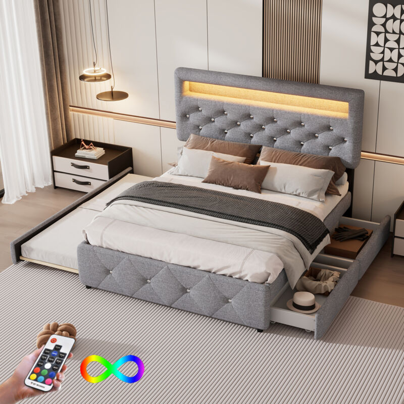 foto del prodotto modfu letti con cassetti e letto estraibile 140x200cm 90x190cm , letti matrimoniale per adulti, 2 cassetti, led, senza materasso, grigio