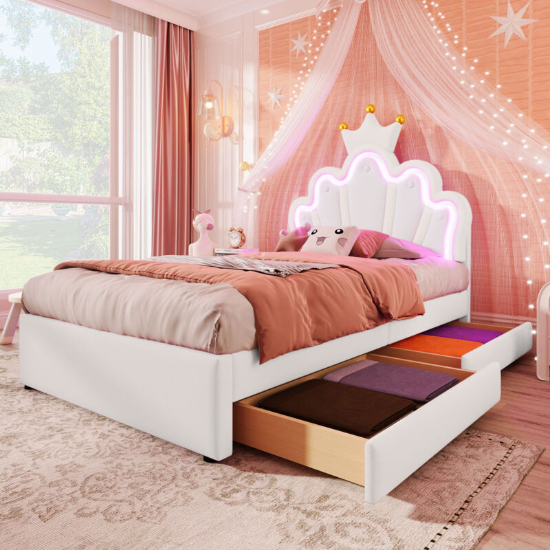 foto del prodotto modfu letti con cassetti per bambini 90x200cm con 2 cassetti, luce d atmosfera con telecomando, modanatura a corona, senza materasso, pu, bianco