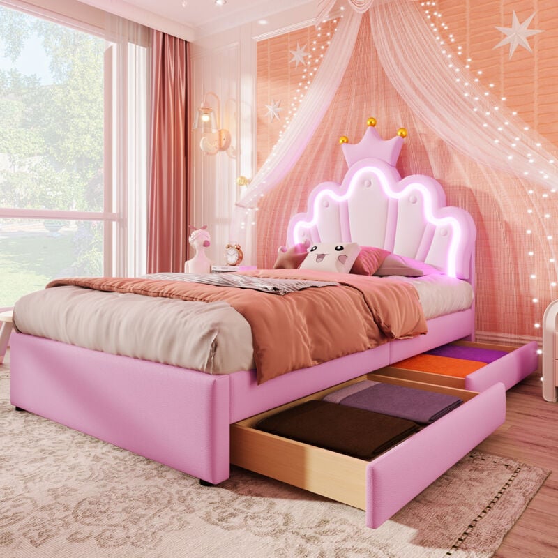 foto del prodotto modfu letti con cassetti per bambini 90x200cm con 2 cassetti, luce d atmosfera con telecomando, modanatura a corona, senza materasso, pu, rosa