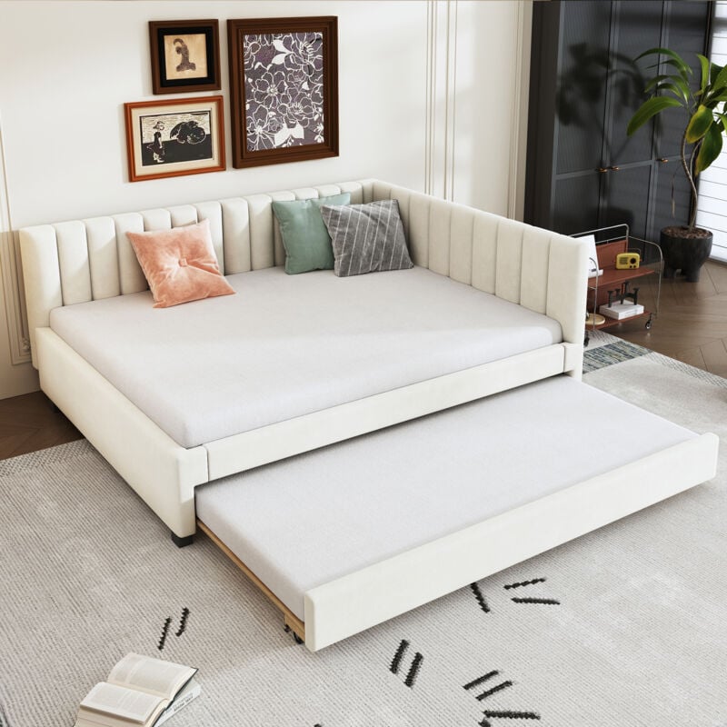foto del prodotto modfu letti con letti estraibili 140x200 cm divani letti matrimoniale adulti bambini, rete a doghe, velluto, senza materasso, beige