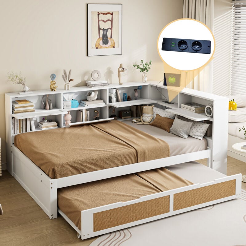 foto del prodotto modfu letti con letti estraibili 140x200cm 90x190 cm divano letti matrimoniale per adulti bambini, comodino con spazio contenitore, legno, senza