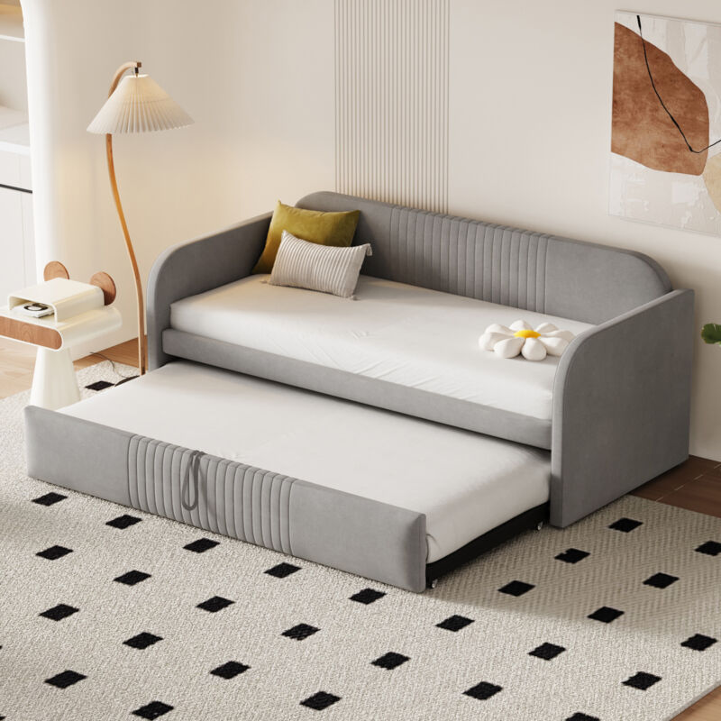 foto del prodotto modfu letti con letti estraibili 90 180x190cm divani letti singoli per adulti, rete a doghe, senza materasso, lino, grigio chiaro