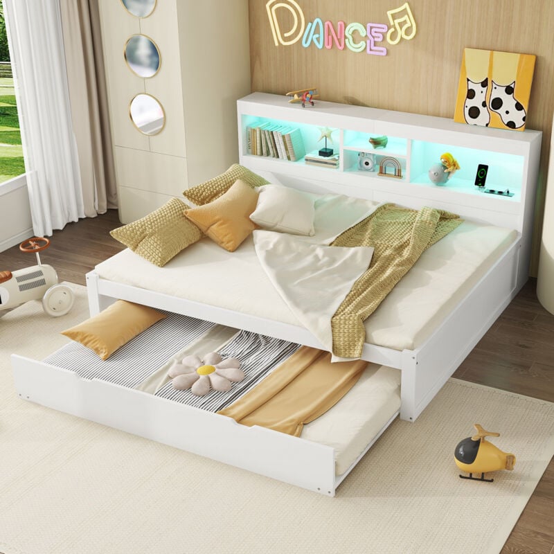 foto del prodotto modfu letti con letti estraibili letti singoli per adulti bambini con testiera con contenitore, usb, pannello truciolare, senza materasso, 140x200