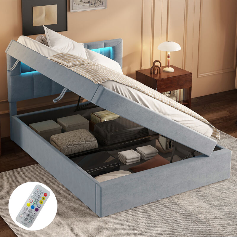foto del prodotto modfu letti contenitore 90x200cm per bambini adulti, singoli, testiera regolabile, led, velluto, senza materasso, grigio