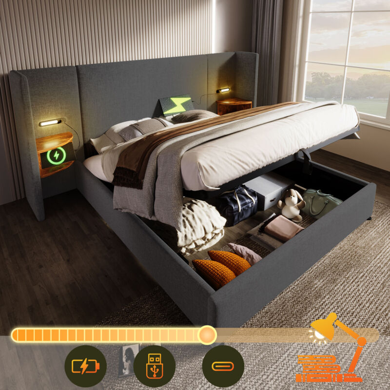 immagine 0 del prodotto modfu letti contenitori 180x200 cm, letti per adulti, letti matrimoniale, comodino con luce di lettura e ripiano portaoggetti, usb e type c,lino,