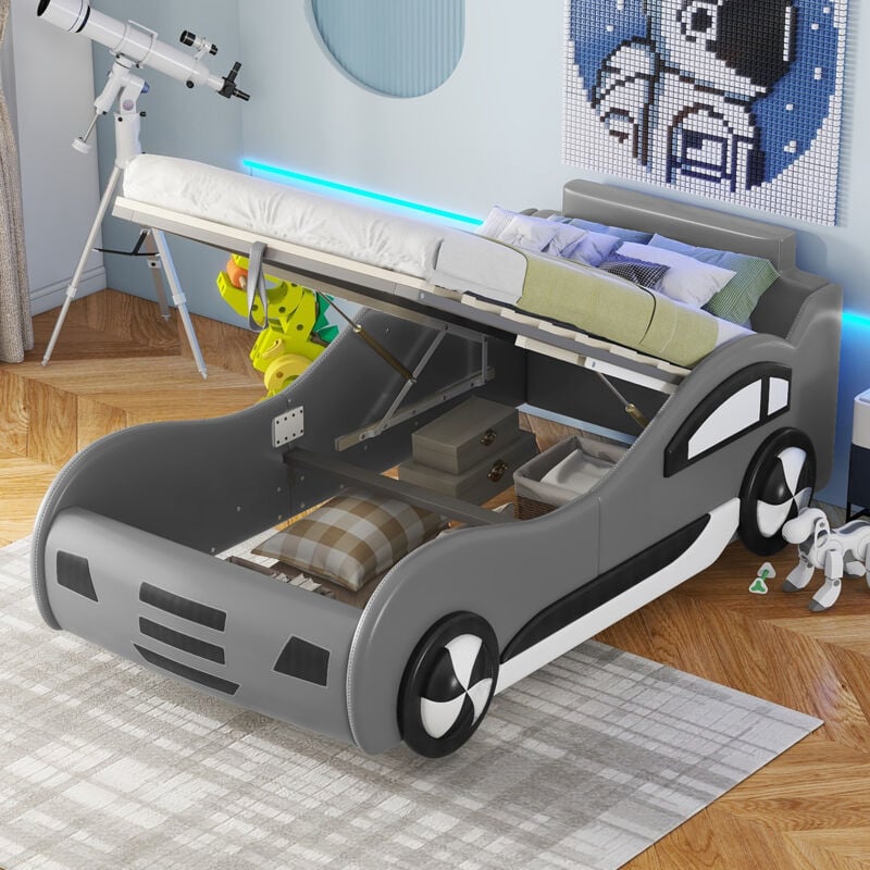 foto del prodotto modfu letti contenitori 90x200cm lungo, letti per bambini, forma di auto, pu e mdf, senza materasso, grigio