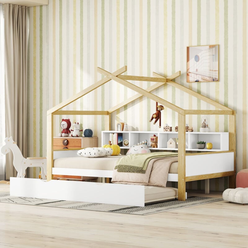 foto del prodotto modfu letti estraibile 140x200cm 90x180cm letti singolo per bambini, letti a forma di casa sull albero con 4 vani portaoggetti, legno, senza