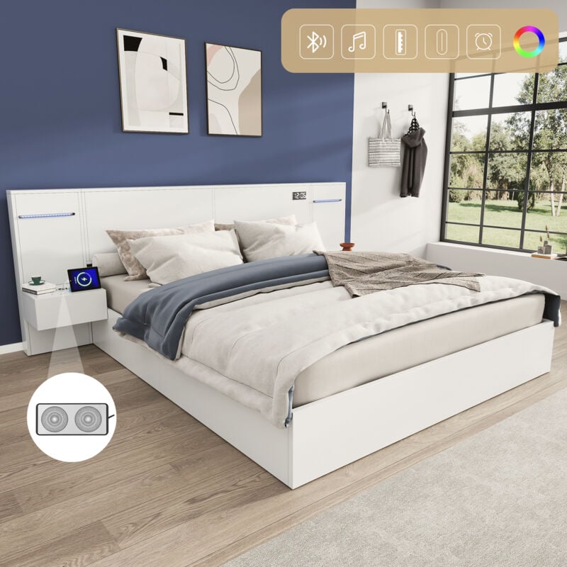 foto del prodotto modfu letti matrimoniale per adulti 180x200 cm, testiera allungata, con 2 comodini, usb, led, senza cassetti, senza materasso, mdf, bianco