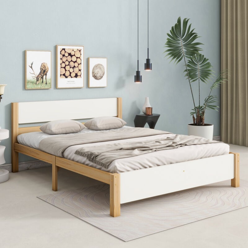 foto del prodotto modfu letti matrimoniale per adulti bambini 140x200cm, rete a doghe, legno mdf, senza materasso, bianco naturale