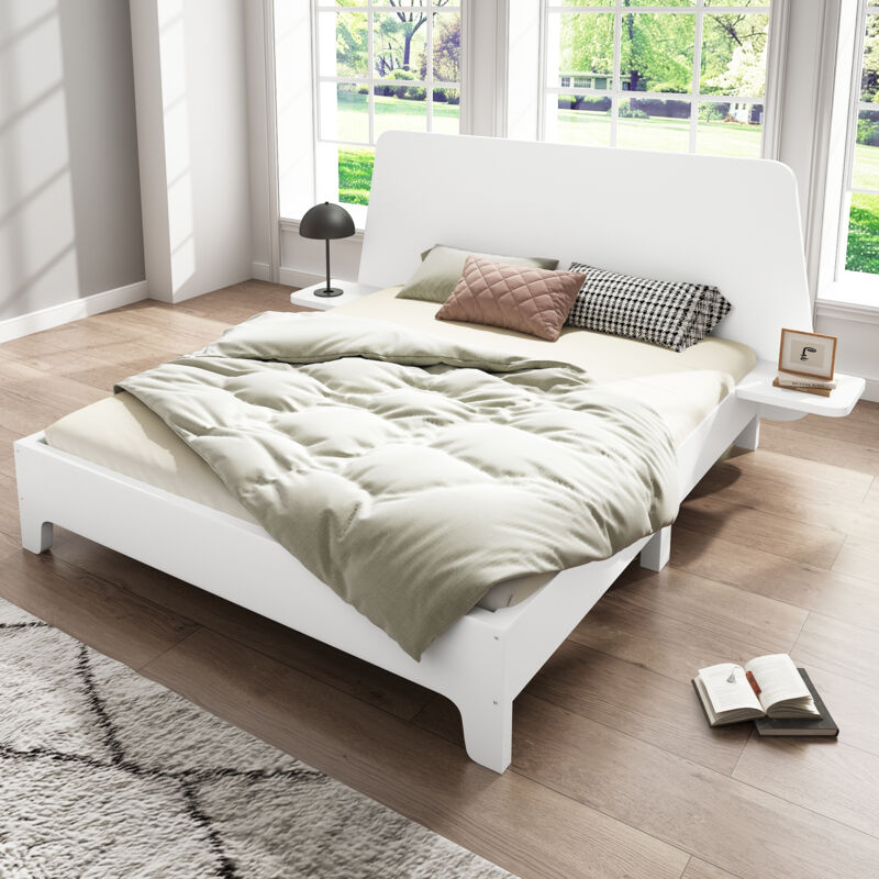 foto del prodotto modfu letti matrimoniali per adulti, con ripiani, rete a doghe, legno, 160x200 cm, senza materasso, bianco