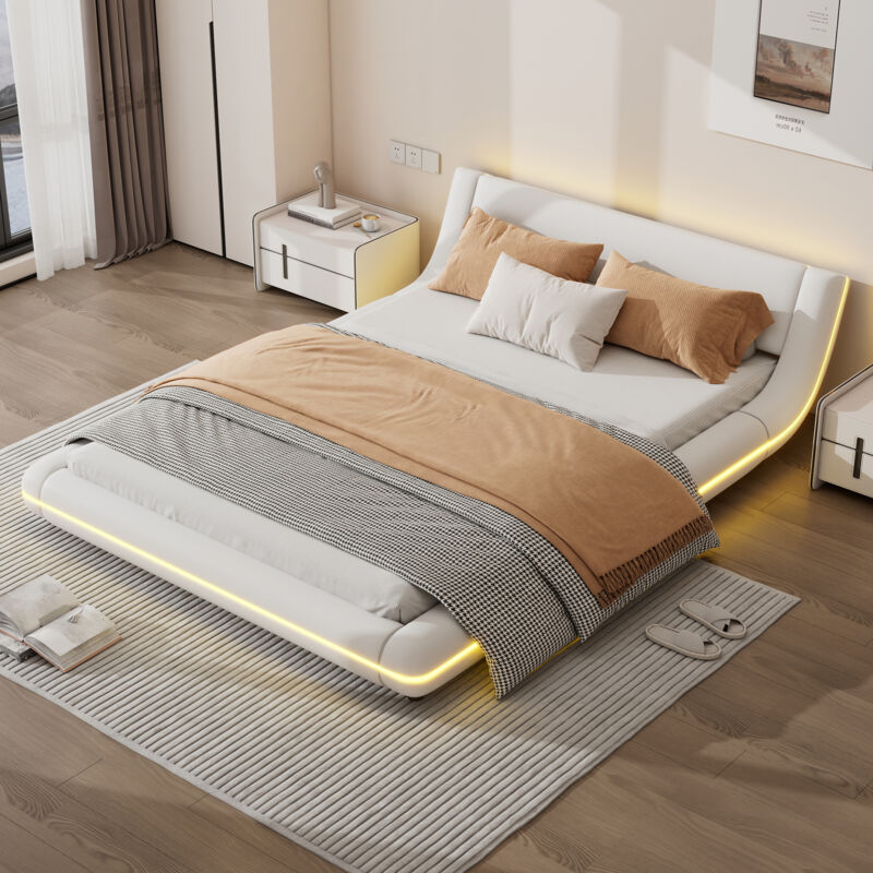 foto del prodotto modfu letti per adulti 140x200cm letti matrimoniale con telecomando a 24 tasti e led, pu, senza materasso, bianco