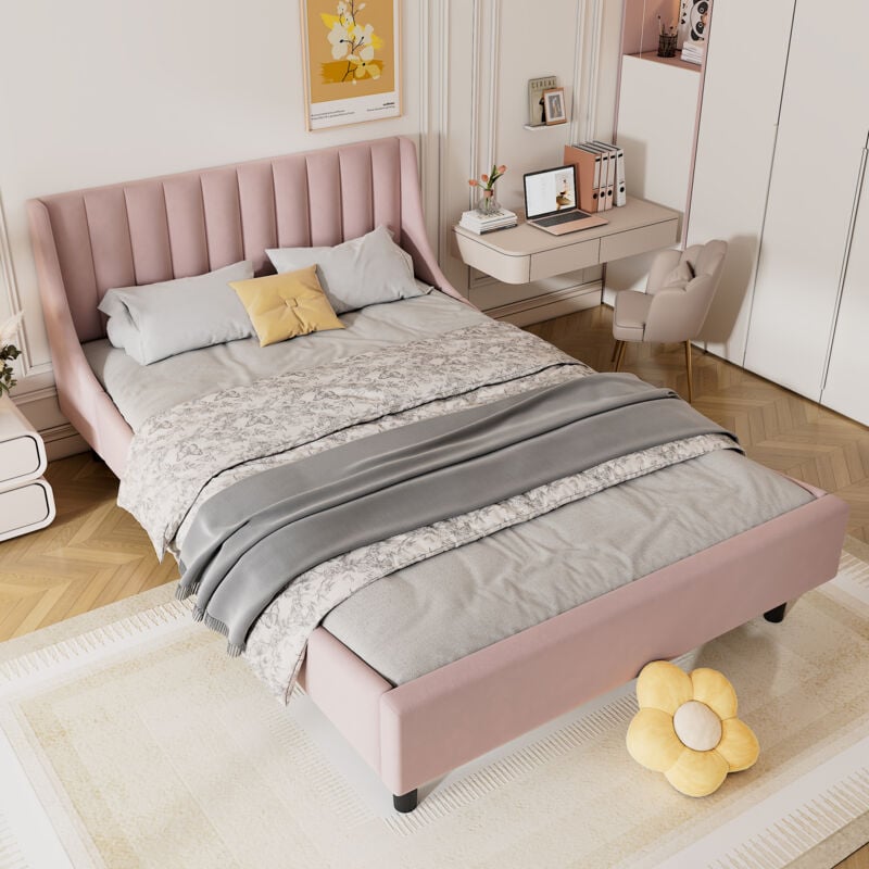 foto del prodotto modfu letti per adulti 140x200cm letti matrimoniale, letti per bambini, rete a doghe, velluto, senza materasso, rosa