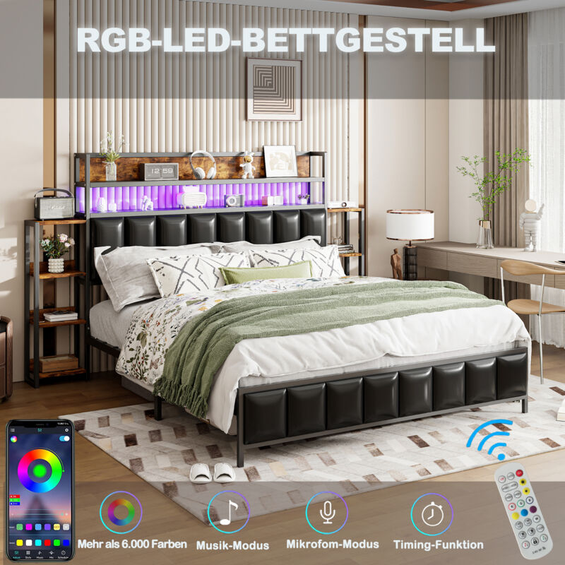 foto del prodotto modfu letti per adulti 160x200cm, con pi ripiani portaoggetti, spazio portaoggetti nella testiera, led, metallo e similpelle, nero, senza materasso