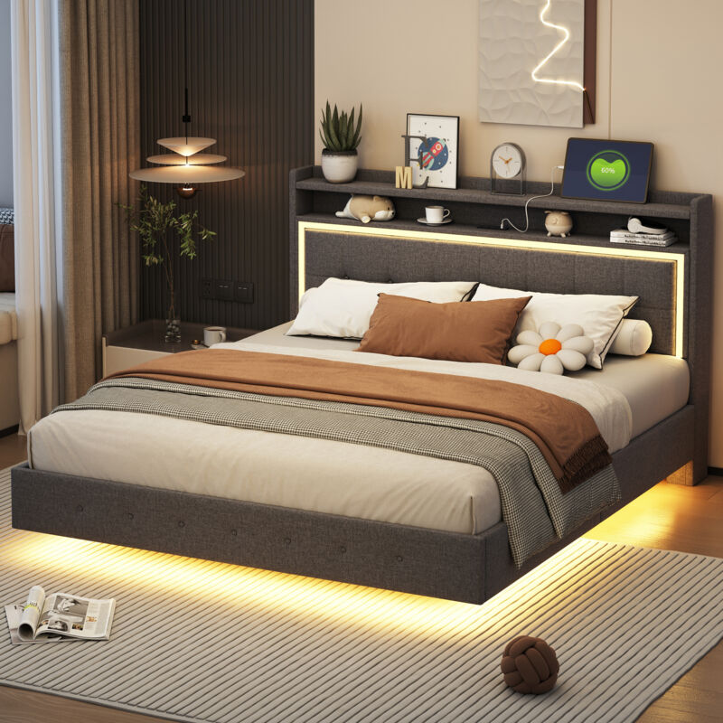 foto del prodotto modfu letti per adulti 160x200cm letti matrimoniale con led e usb, testiera con vano contenitore, lino, senza materasso, grigio