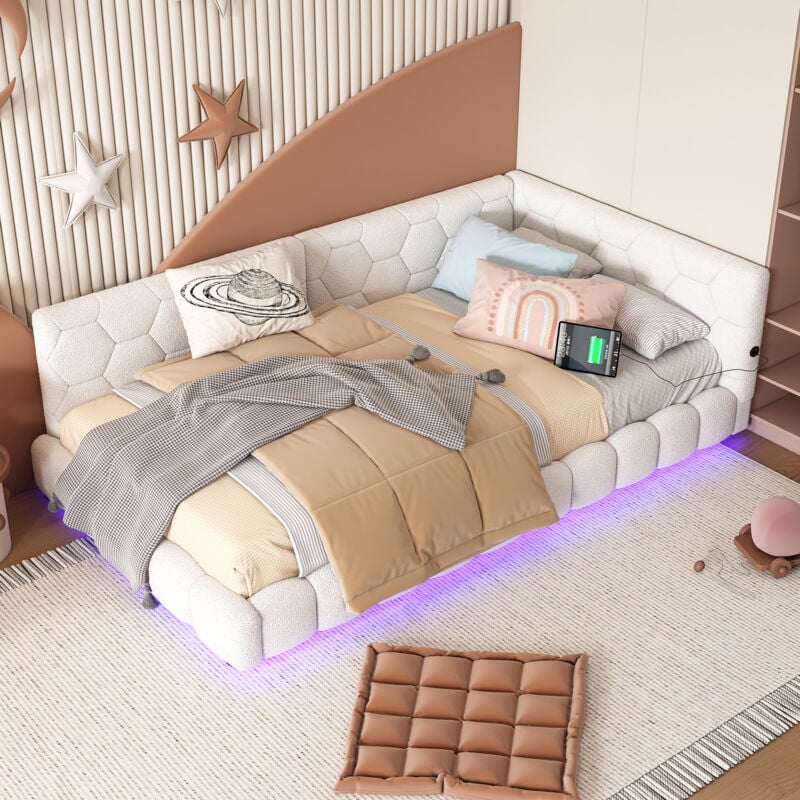 foto del prodotto modfu letti per adulti bambini 90x200cm divani letti singoli, rete a doghe, led, usb, velluto, senza materasso, bianco