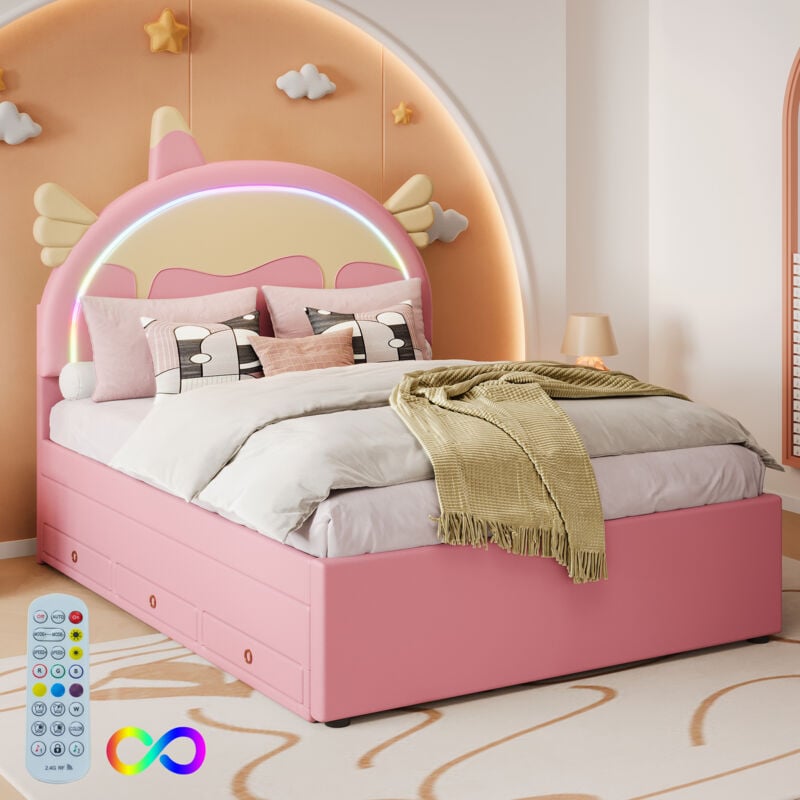 foto del prodotto modfu letti per bambini 140x200cm, letti con cassetti, forma unicorno, 3 cassetti, letti estraibile, led, pu, senza materasso,rosa,