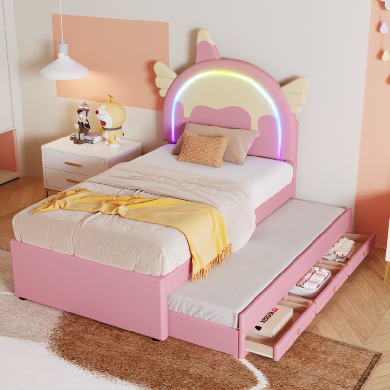 foto del prodotto modfu letti per bambini 90x200cm, letti con cassetti, forma unicorno, 3 cassetti, letti estraibile, led, pu, senza materasso,rosa
