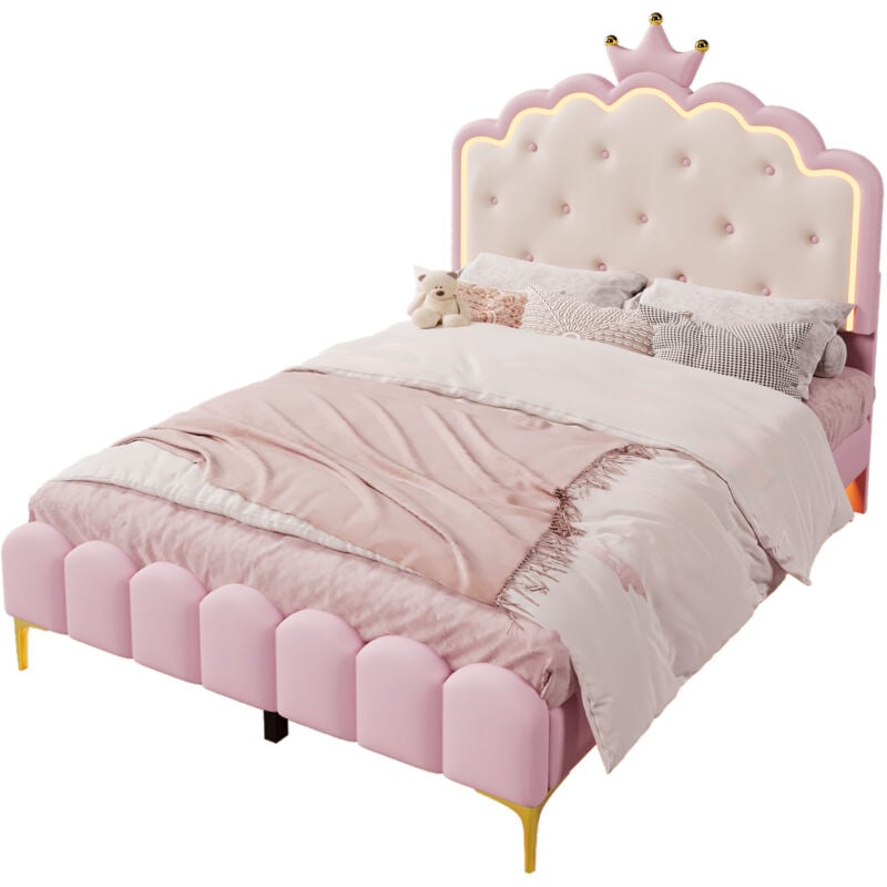 foto del prodotto modfu letti per bambini, led con telecomando, testiera con modanatura a corona, rete a doghe, pu, senza materasso, rosa, letto singolo 140x200 cm