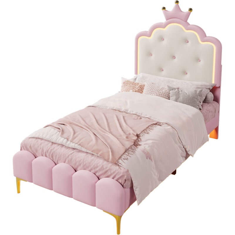 foto del prodotto modfu letti per bambini, led con telecomando, testiera con modanatura a corona, rete a doghe, pu, senza materasso, rosa, letto singolo 90x200 cm
