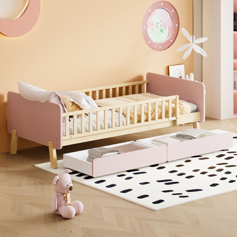 foto del prodotto modfu letti singoli 90x200 cm letti per bambini con box e 2 cassetti, rete a doghe, legno, senza materasso, rosa