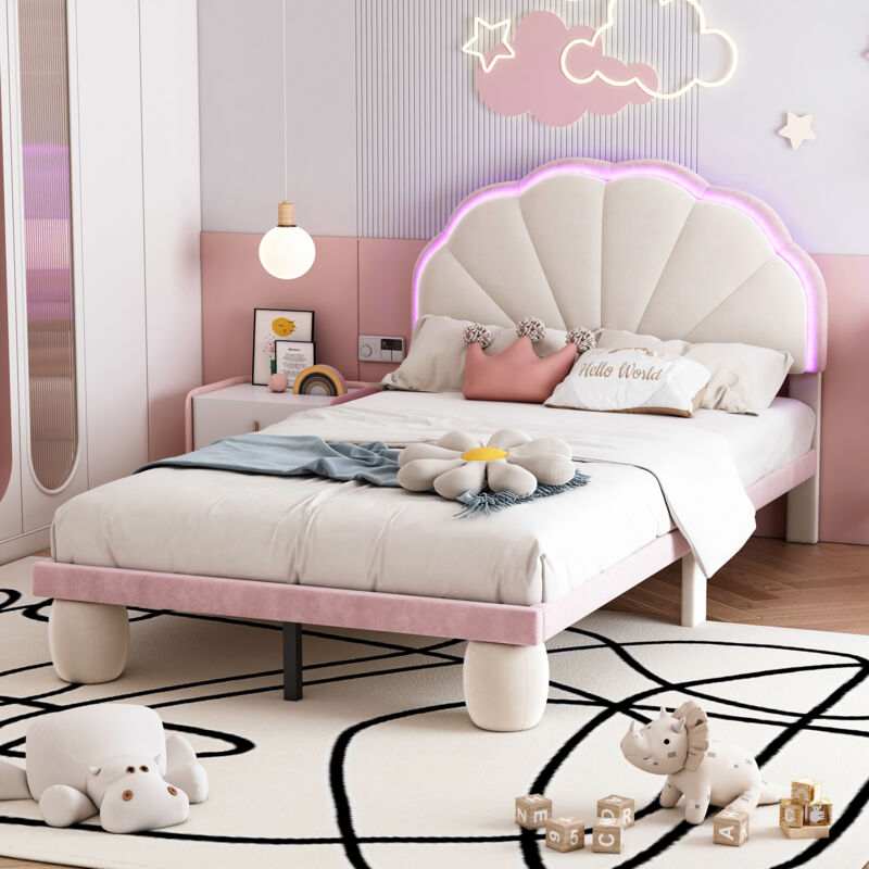 foto del prodotto modfu letti singoli 90x200 cm, letti per bambini, testiera con forma ondulata, con striscia luminosa a led, velluto, senza materasso, beige e rosa