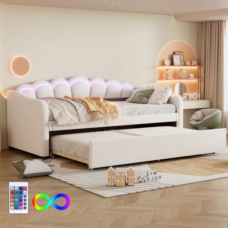 foto del prodotto modfu letti singoli 90x200cm con letti estraibile, divano letti, letti per bambini, testiera con led, con telecomando, velluto, senza materasso,