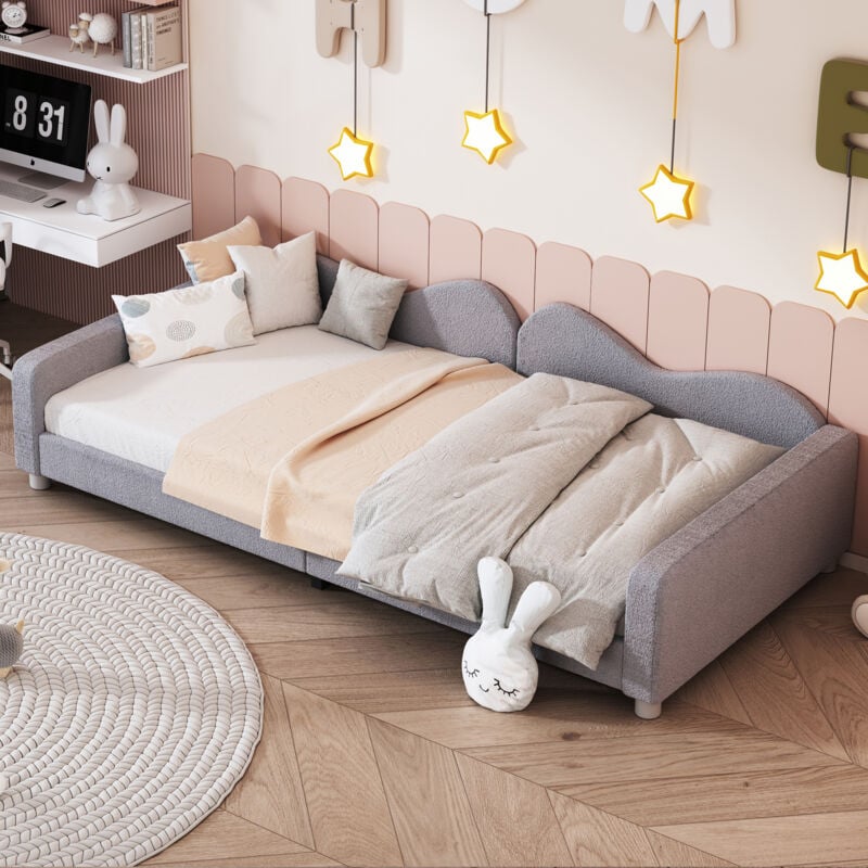 foto del prodotto modfu letti singoli 90x200cm, divano letti per bambini, rete a doghe, tessuto teddy, senza materasso, grigio