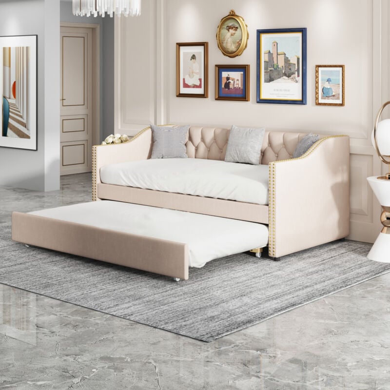 foto del prodotto modfu letti singoli 90x200cm letti estraibile con ruote, divano letti, letti per bambini, rete a doghe, lino, senza materasso, beige