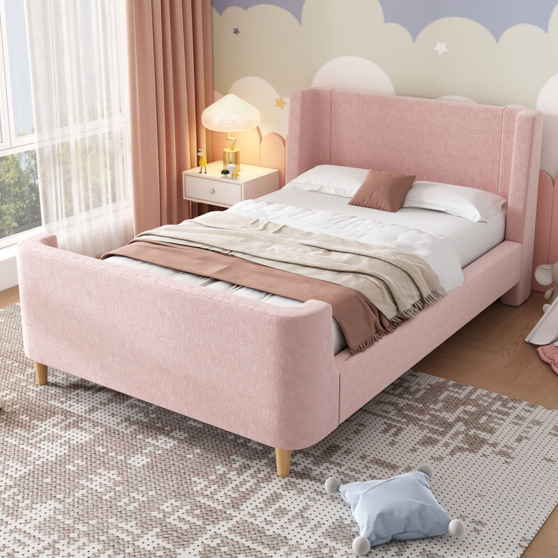 foto del prodotto modfu letti singoli 90x200cm per bambini adulti, design a slitta, velluto, gambe in legno, senza materasso, rosa