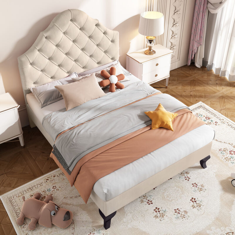 foto del prodotto modfu letti singoli in velluto 90x200cm, letti per adulti bambini, testiera regolabile in altezza, senza materasso, beige