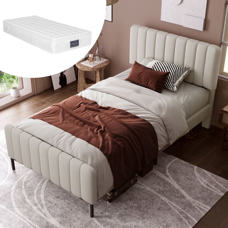 foto del prodotto modfu - letti singoli per adulti/bambini 90x200 cm, testiera regolabile, lino, materasso incluso, grigio-beige