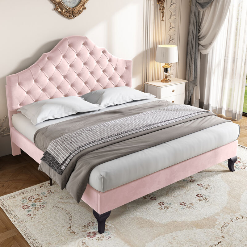 foto del prodotto modfu letti singoli per bambini 140x200 cm, testiera regolabile in altezza, rete a doghe, velluto, senza materasso, rosa