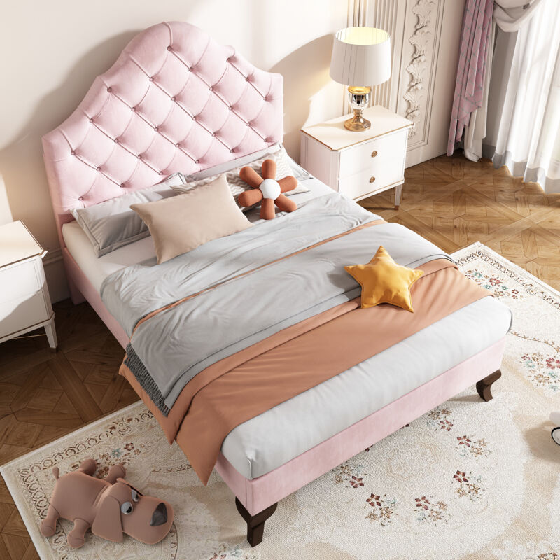 foto del prodotto modfu letti singoli per bambini 90x200 cm, testiera regolabile in altezza, rete a doghe, velluto, senza materasso, rosa