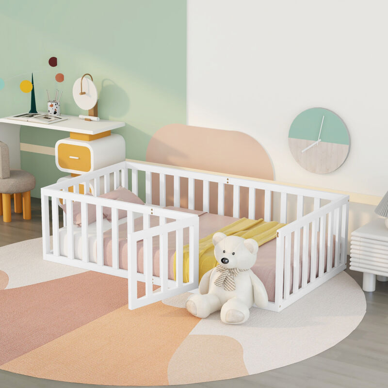 foto del prodotto modfu letti singoli per bambini 90x200cm, con recinzione e porta, legno, senza materasso, bianco
