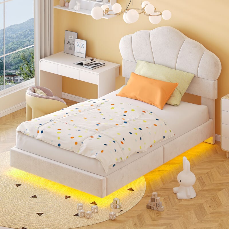 foto del prodotto modfu letti singolo 90x200cm letti per bambini, testiera a forma di nuvola, con led, velluto, senza materasso, beige