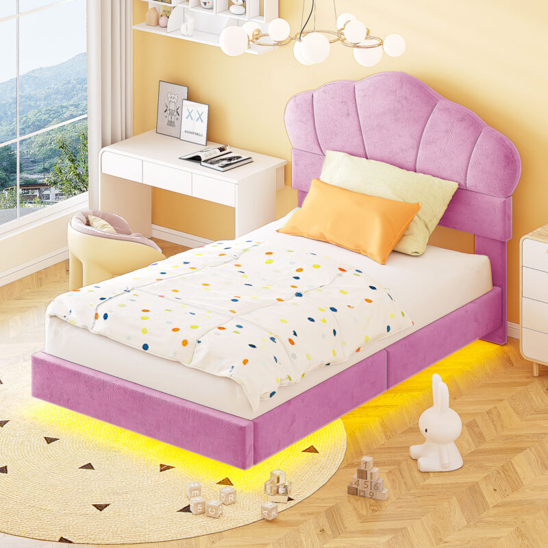 foto del prodotto modfu letti singolo 90x200cm letti per bambini, testiera a forma di nuvola, con led, velluto, senza materasso, rosa
