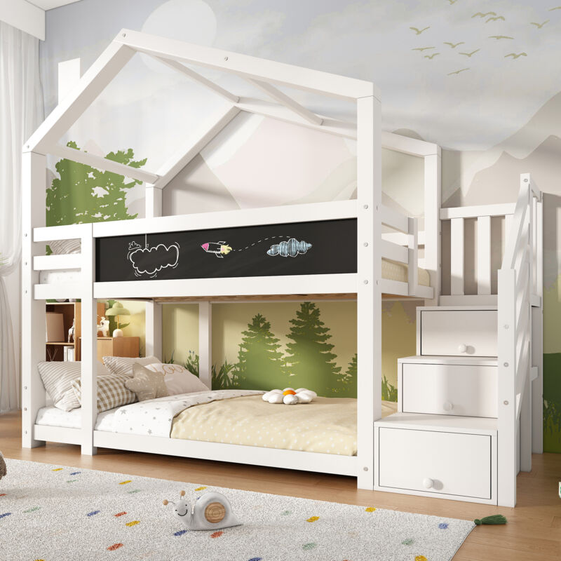 foto del prodotto modfu letto a castello 90x200 cm, letto per bambini con camino, ripostiglio e protezione antiribaltamento, mobili da camera da letto, bianco
