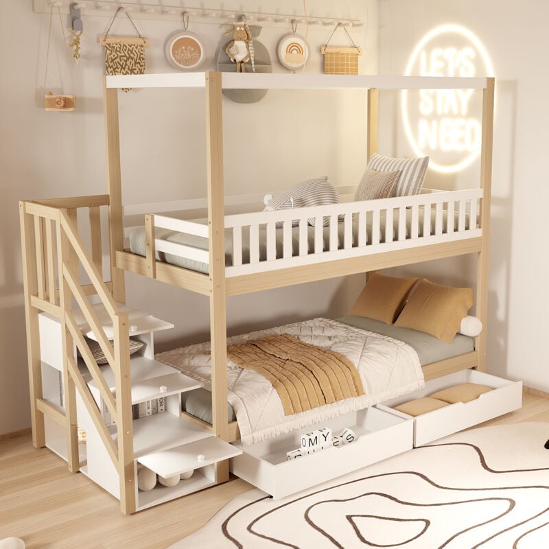 foto del prodotto modfu letto a castello per bambini 90x200 cm 2 posti con 2 cassetti e 3 casellari di stoccaggio, legno e mdf, bianco e naturale